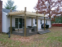 Royal 4" Dutchlap Silver Grey Vinyl Panel, Composite Stone Ash Deck with Pergola Top, built in planters